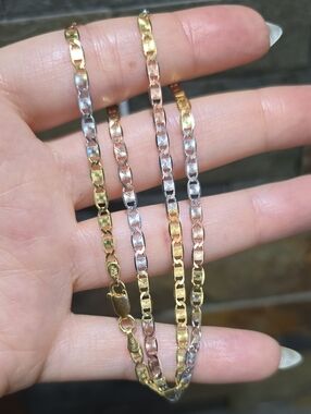 925 Sterling Silver Tri-Tone Valentino Chain Necklace Gold, Silver Rose 3mm 16"